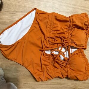 SHEIN Orange Swimsuit with Ruched Detail